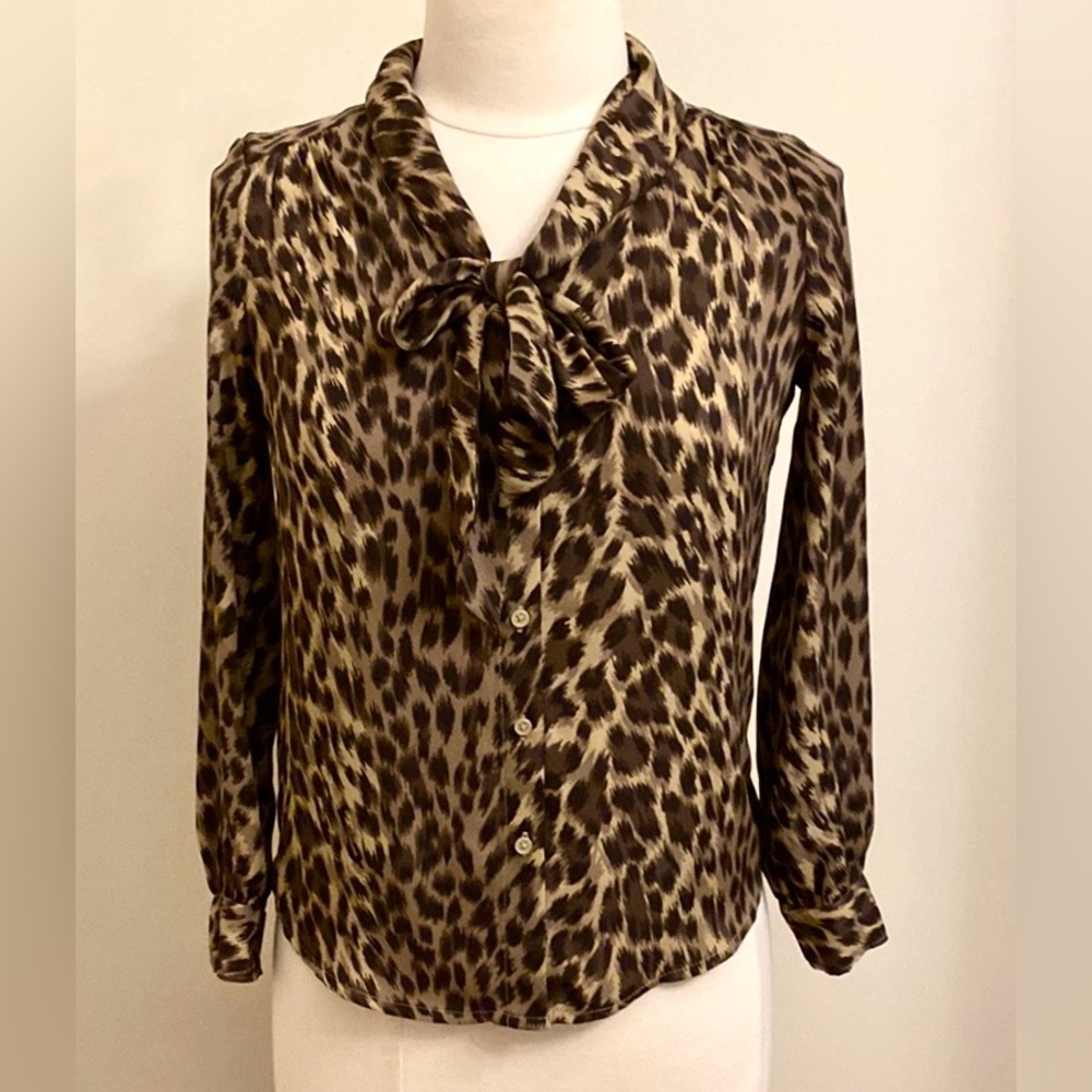 Banana Republic Leopard Print Brown Tan Long Sleeve Button Down Tie Neck Top XXS